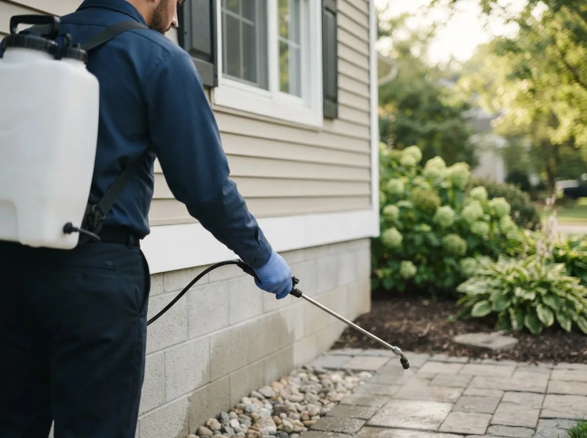 Pest control technician inspecting a home in Muenster, TX